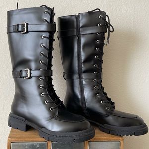Black (not real) leather lace up and zip up combat boots
